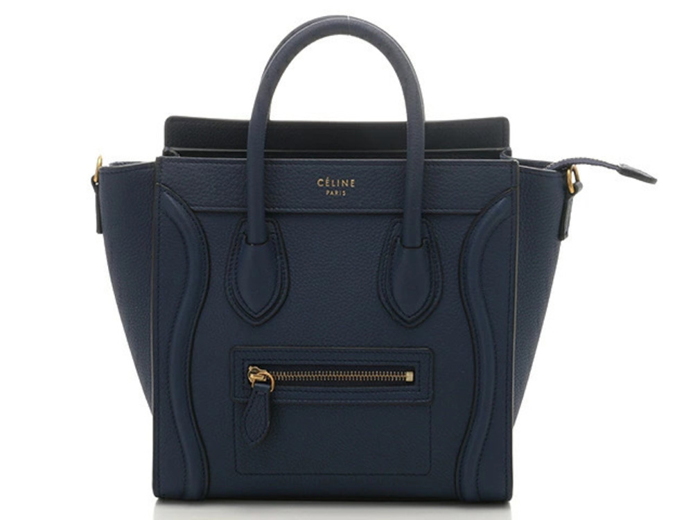 Celine Luggage Tote Tote Bag Shopper Navy Blue Calfskin Embossed